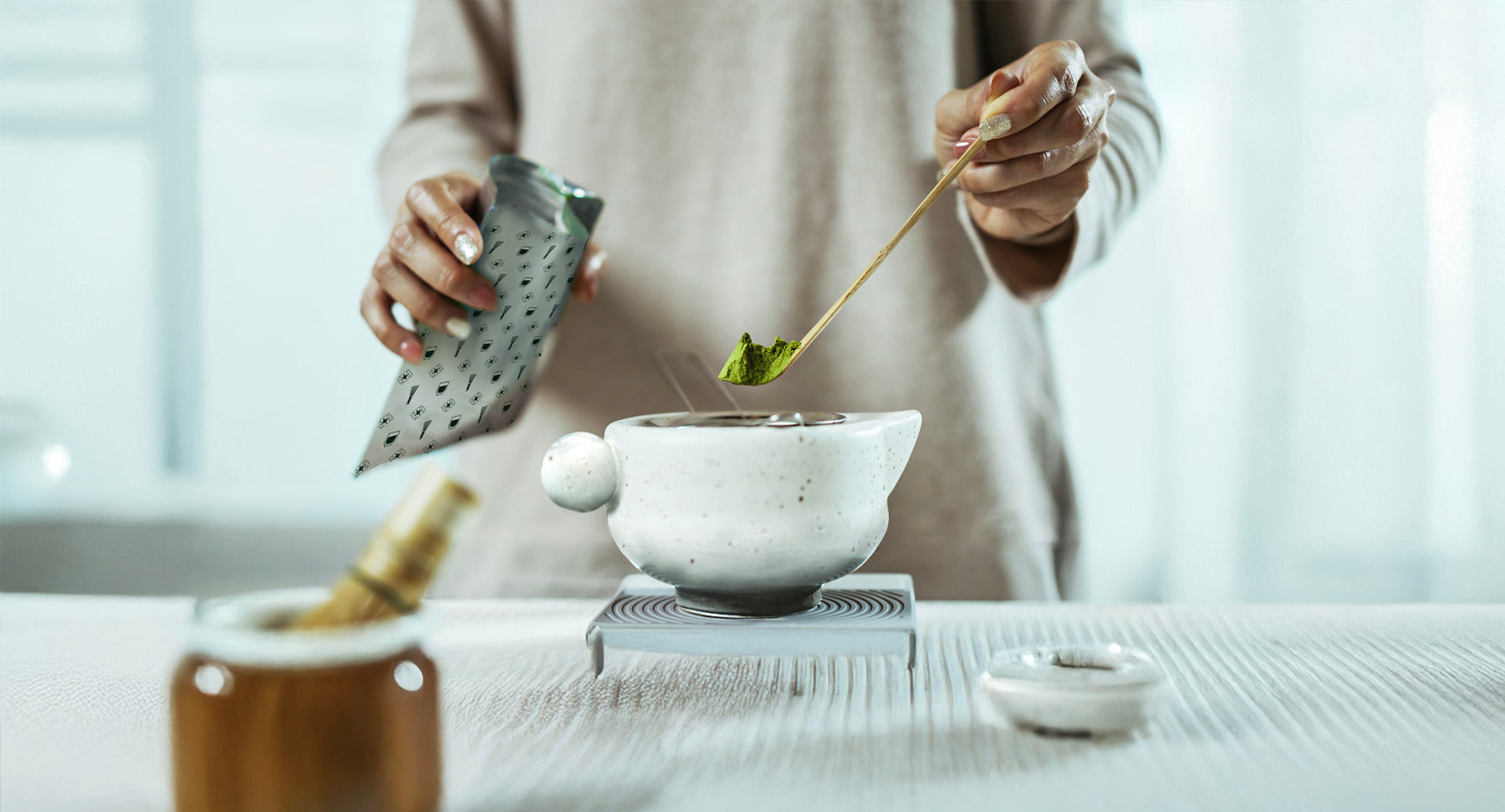 Preparing a bowl of Wasui matcha